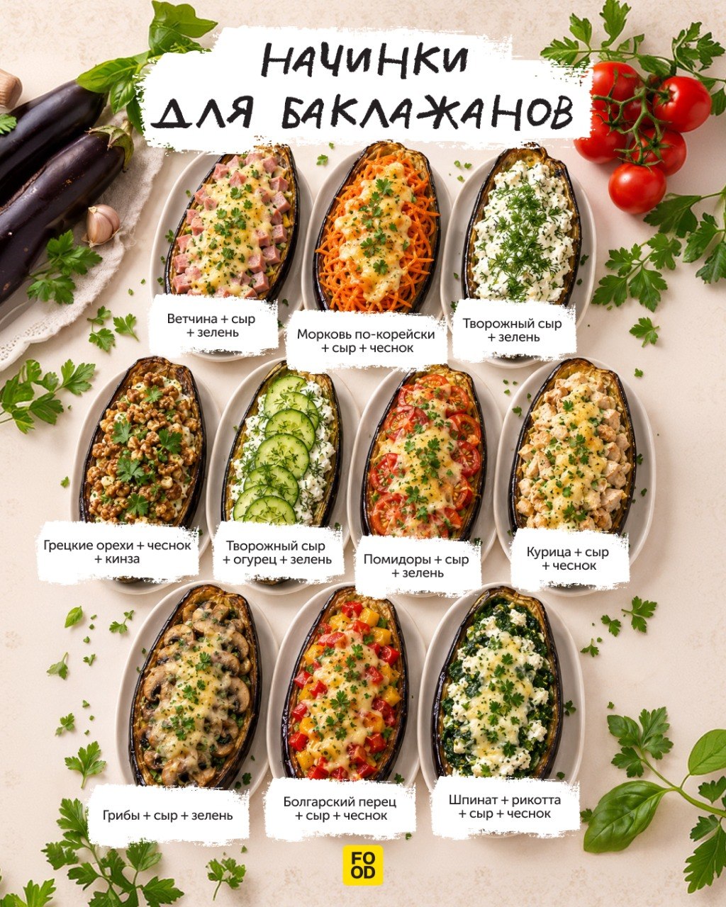 Баклажаны — отличная основа для кулинарных экспериментов 🍽

Их можно жарить, тушить, «гриллить», а также фаршировать