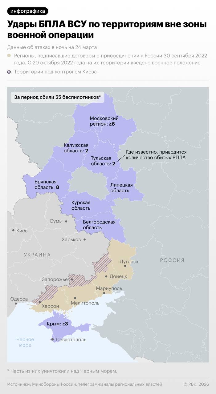 Атаки украинских дронов на российские регионы в ночь на 24 марта — в инфографике
