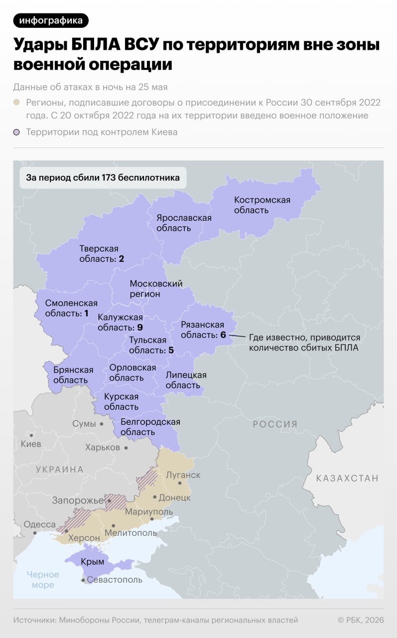 Атаки украинских дронов на российские регионы в ночь на 25 мая — в инфографике РБК