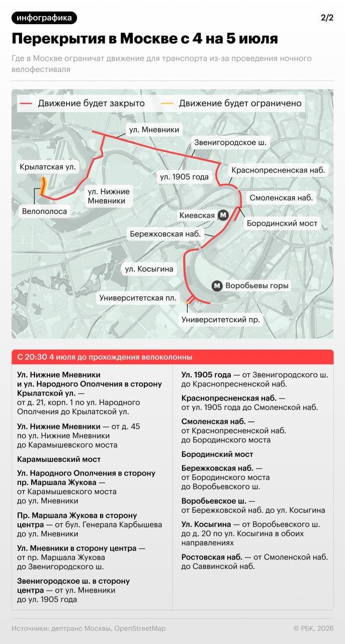 Улицы и набережные Москвы перекроют вечером 4 июля и в ночь на 5 июля для движения транспорта в связи с проведением ночного велофестиваля