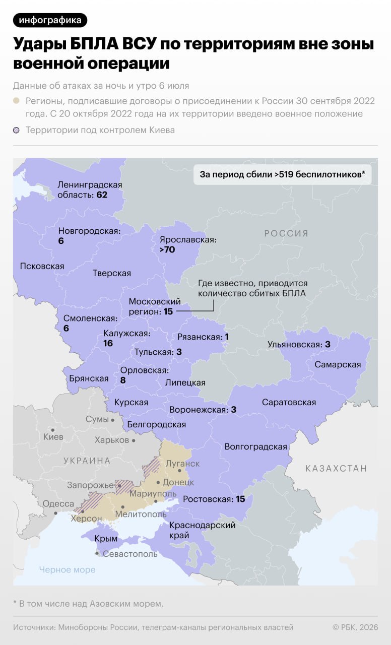 Атаки украинских дронов на российские регионы в ночь на 6 июля — в инфографике РБК