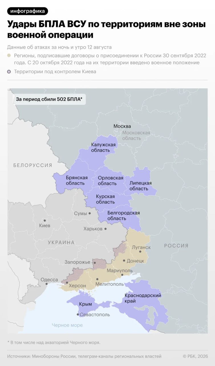 Атаки украинских дронов на российские регионы в ночь на 12 августа — в инфографике РБК